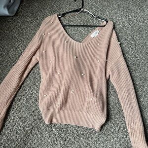 Pink Crew Neck Ribbed Knit Sweater